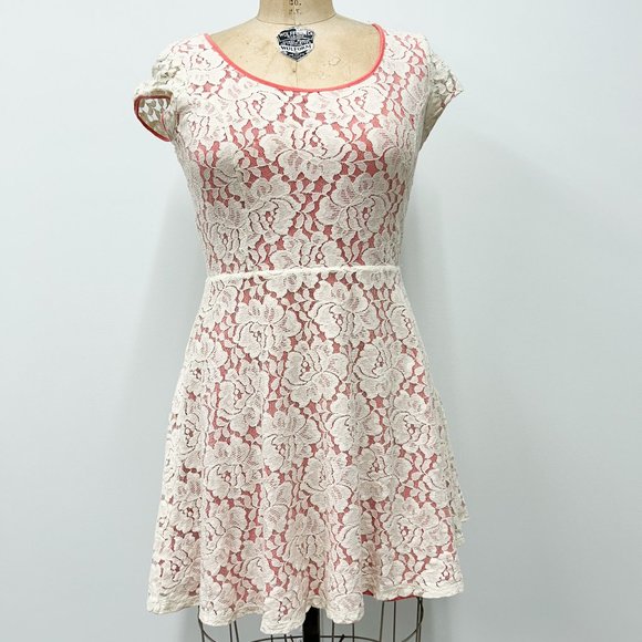 Lauren Conrad Cream Lace Over Coral Spring Dress, LC Dress Floral Cream Overlay - Picture 1 of 5